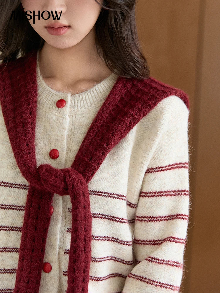 Mishow Beige Striped Red Scarf Button Cardigan MXE93Z2948