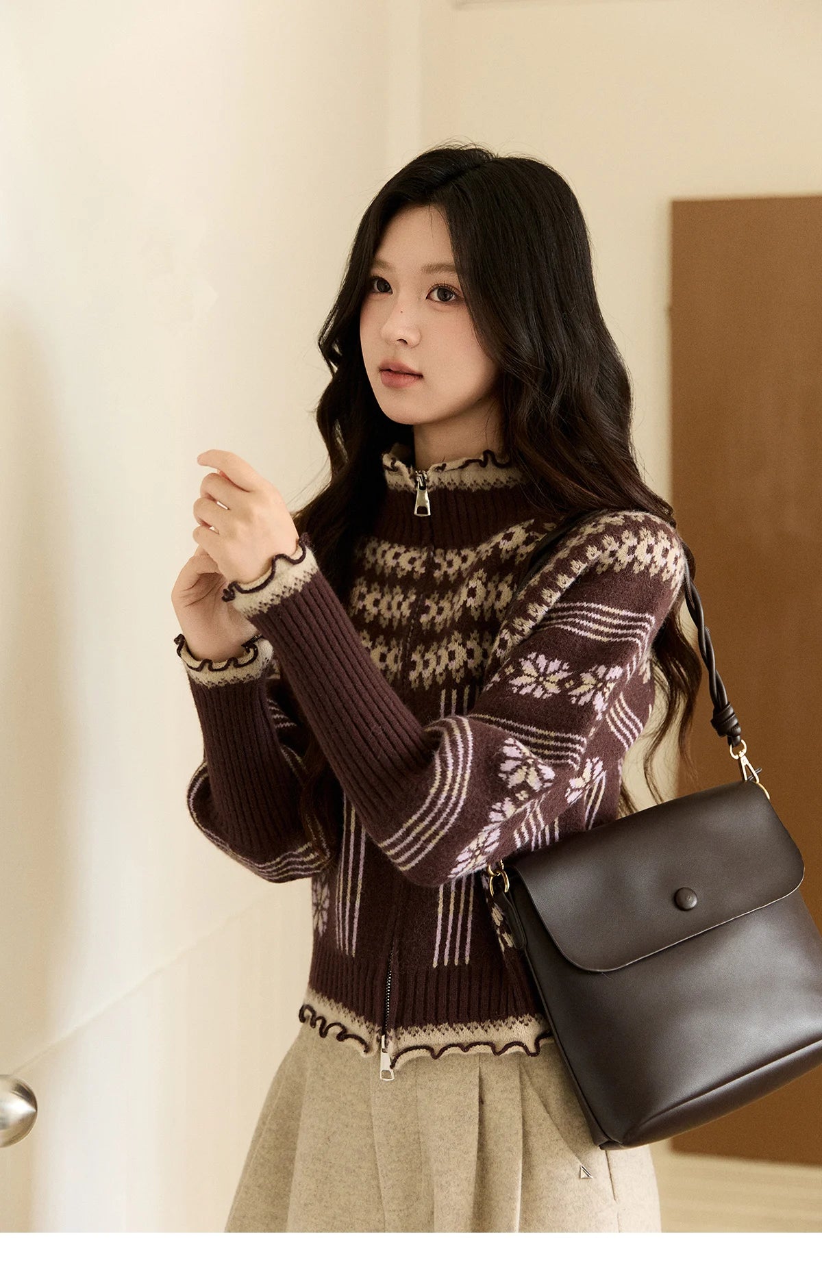 Mishow Brown Fair Isle Lantern Sleeve Zipper Top MXE91Z2868