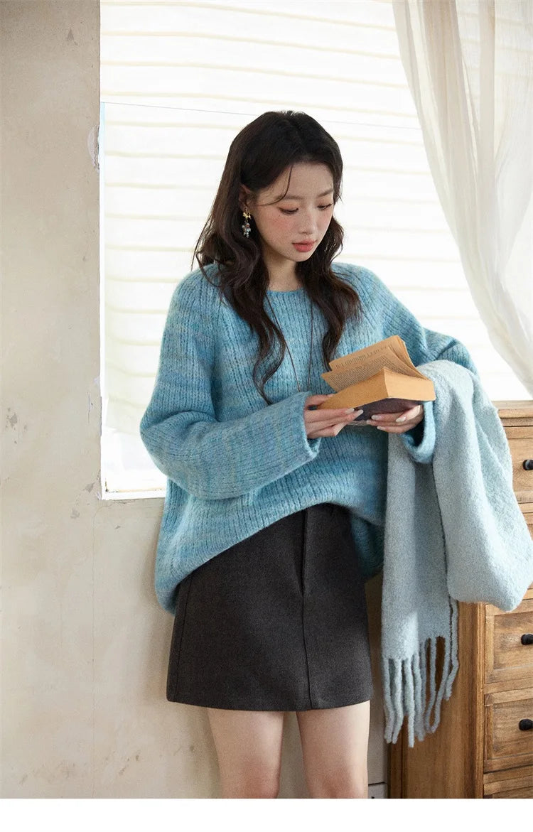 Mishow Blue Loose Crew Neck Long Sleeve Pullover MXE86Z2733