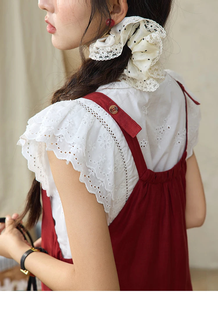 MISHOW Flying Sleeve Cotton Blouse Hollow Lace Slim Waist MXE36X1844