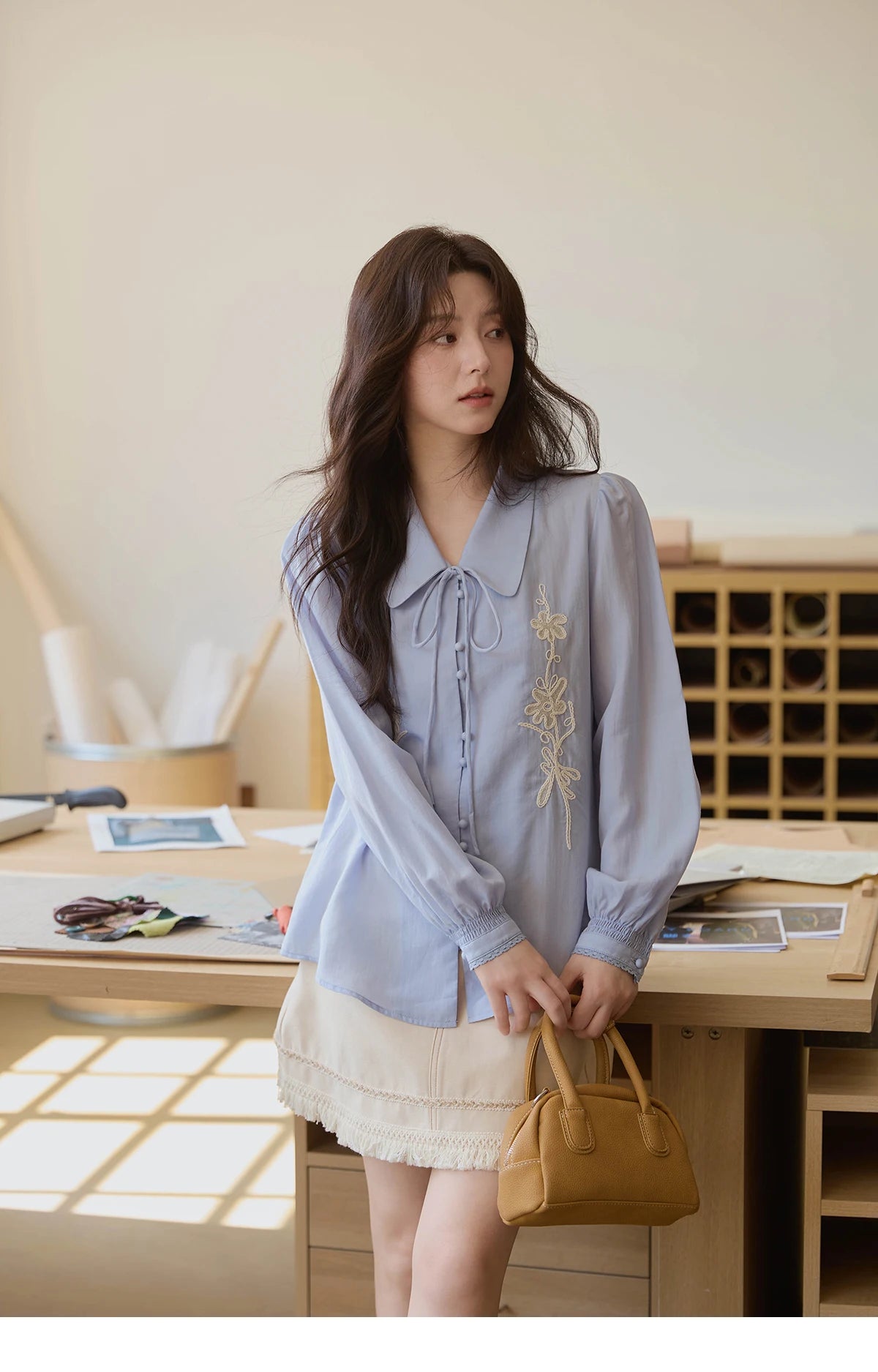 MISHOW Lyocell T-Shirt Flower Embroidered Puff Sleeves Lace-Up MXE42C2371