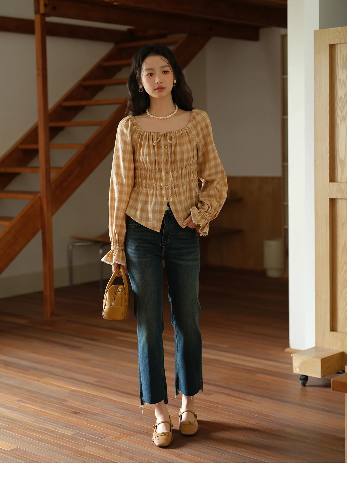 MISHOW Yellow Plaid Blouse Square Neck Puff Sleeve MXE43X1986