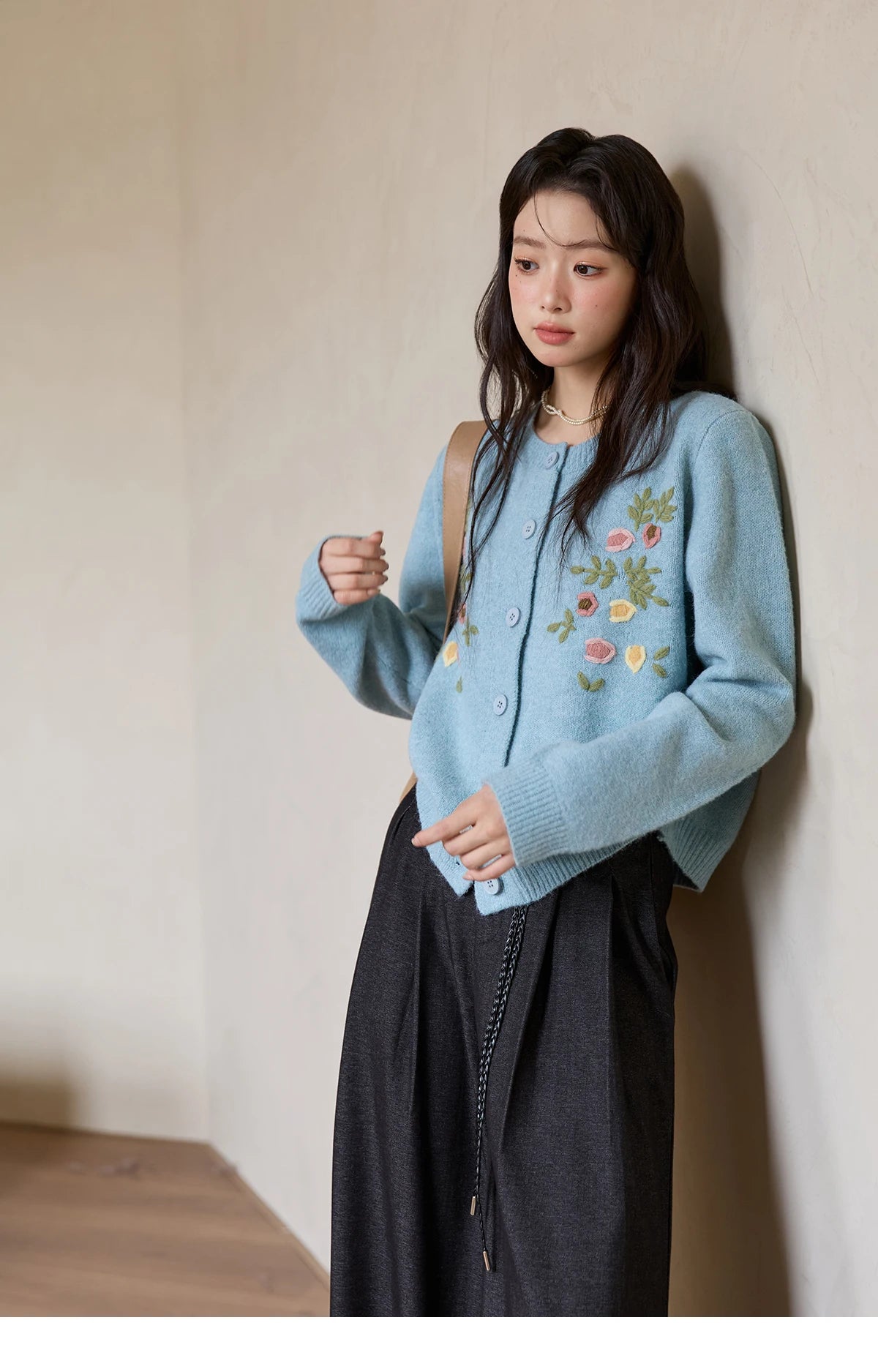 Mishow Blue Floral Embroidered Wool Cardigan MXE51Z2695