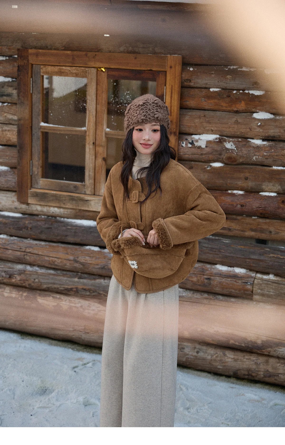 MISHOW Brown Round Neck Coat Button Pockets Loose Windproof MXE90W0994