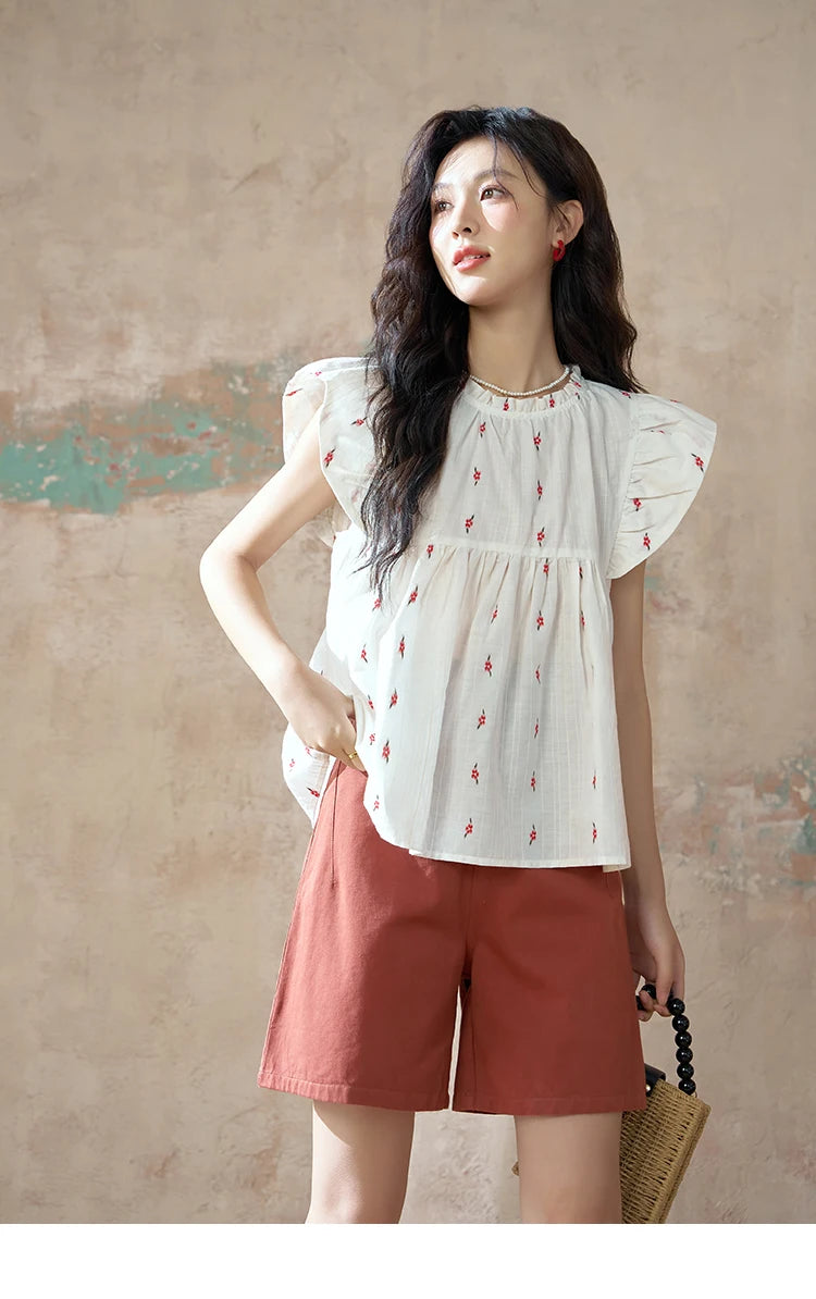 MISHOW Red Casual Shorts High Waist Loose Straight Leg Pockets MXD25K0679