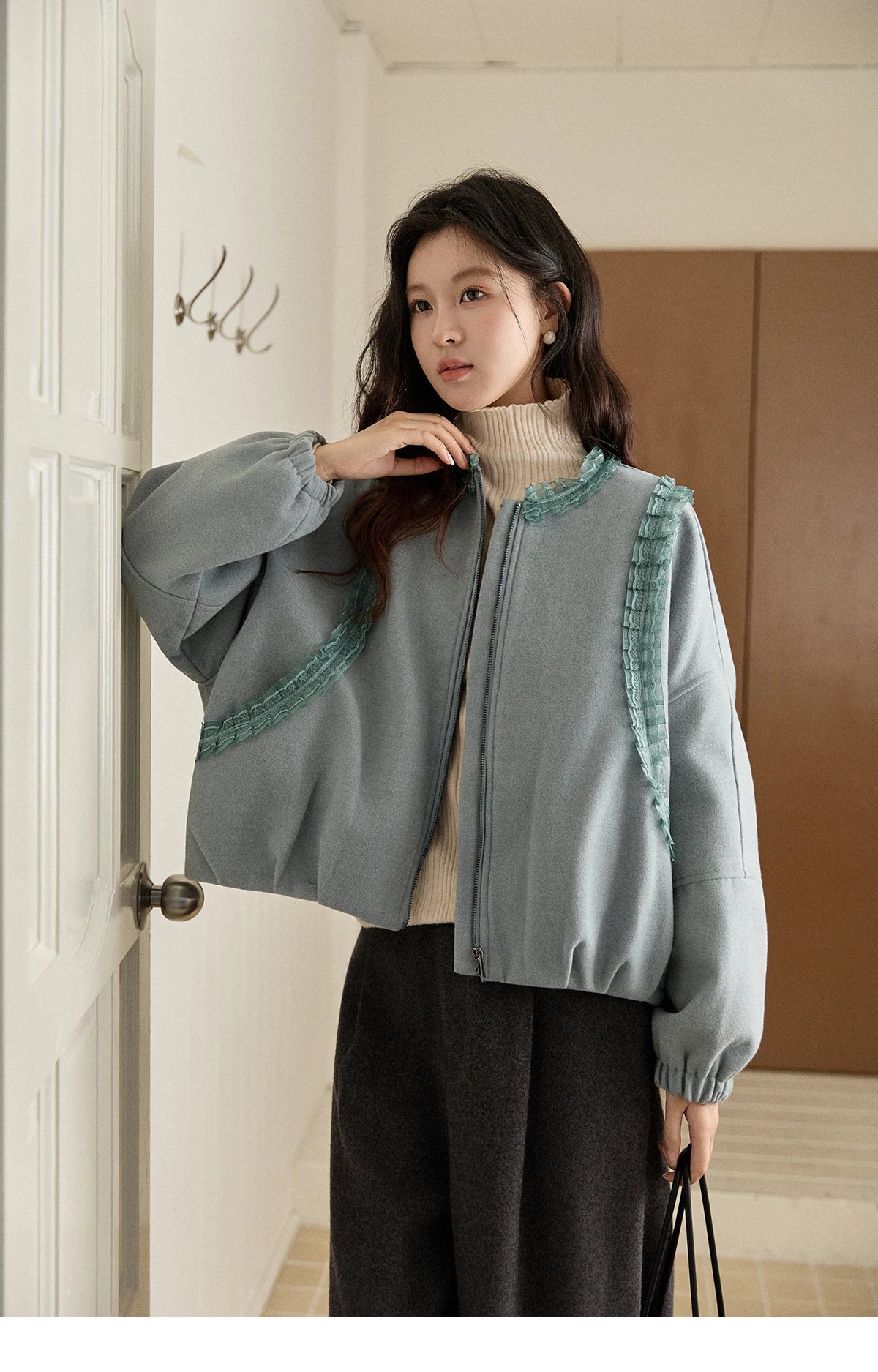 Mishow Light Blue Lace Trim Puff Sleeve Down Coat MXE94W1048