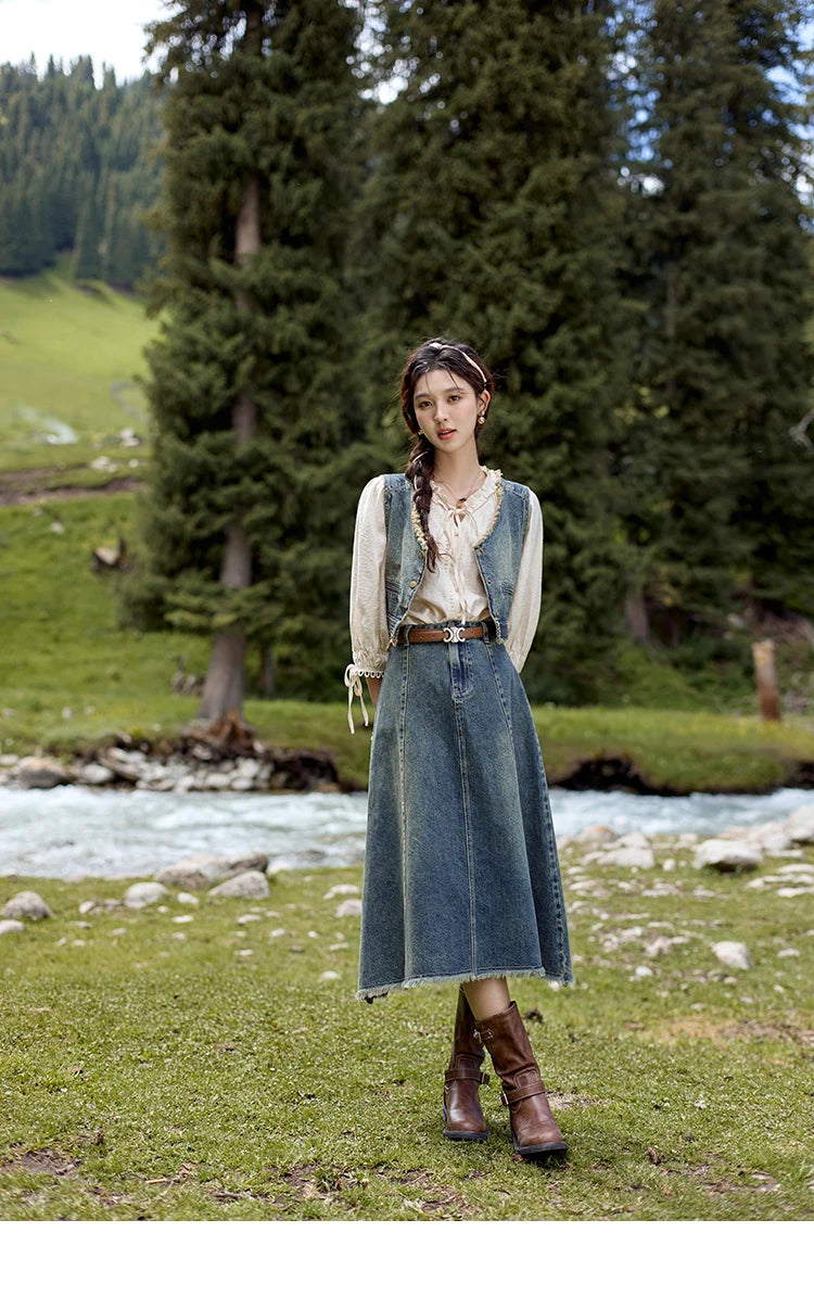 MISHOW Washed Hem Fringed Denim Midi Skirt A-Line Retro MXD41B0453