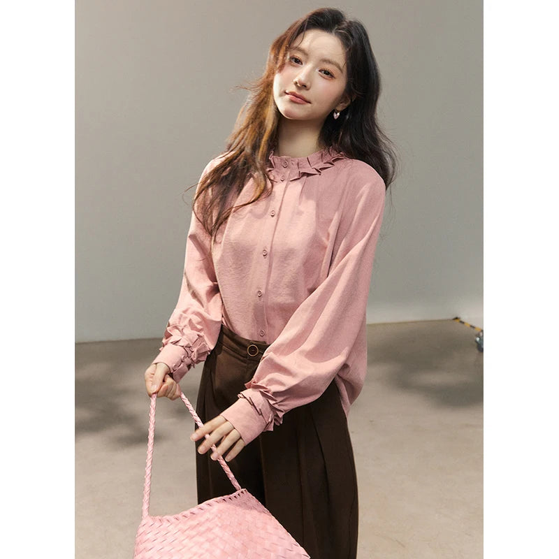 MISHOW Peach Skin Solid Shirt Ruffled Crew Neck MXF11C2431