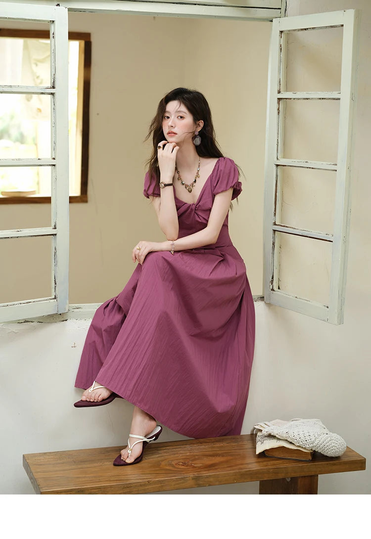 Mishow V-Neck Puff Sleeve Solid Vacation Dress MXE39L2384