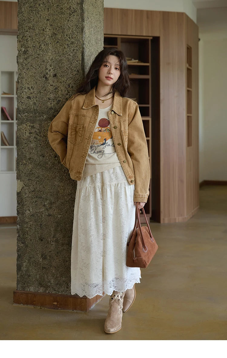 MISHOW Light Brown Denim Jacket Embroidered Pockets Dropped Sleeve MXE41W0795