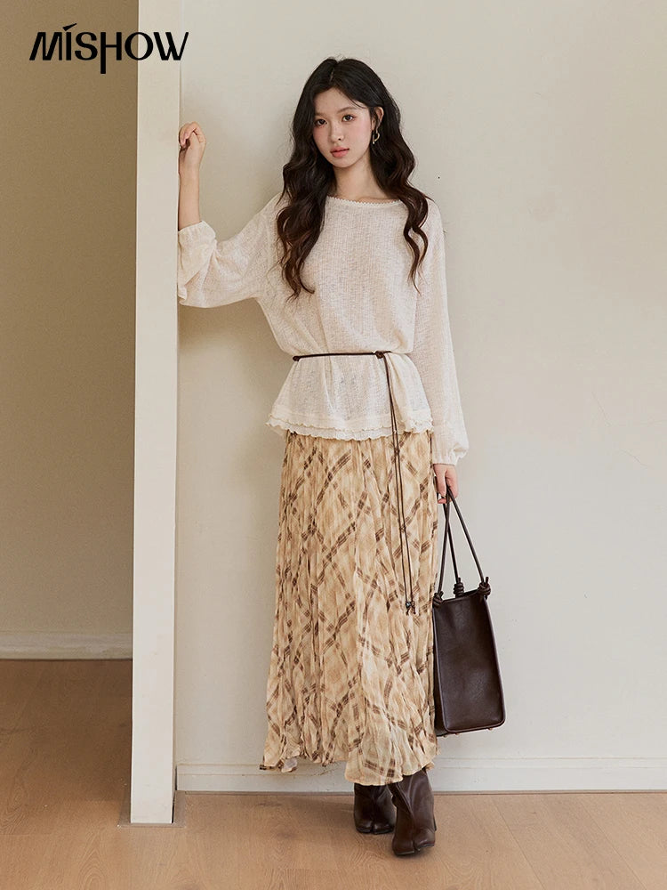 Mishow Lace Trim Boat Neck Knit Top with Belt MXF13Z3002