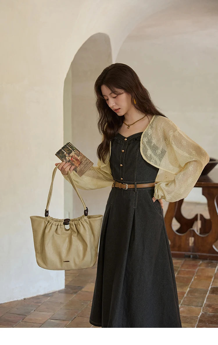 Mishow Lantern Sleeve Cardigan & Denim Strap Dress Set MXE41T0704