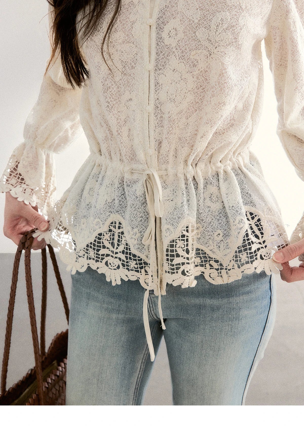 MISHOW Lace V-Neck Blouse Drawstring Waist Ruffled Hem MXF108X0998