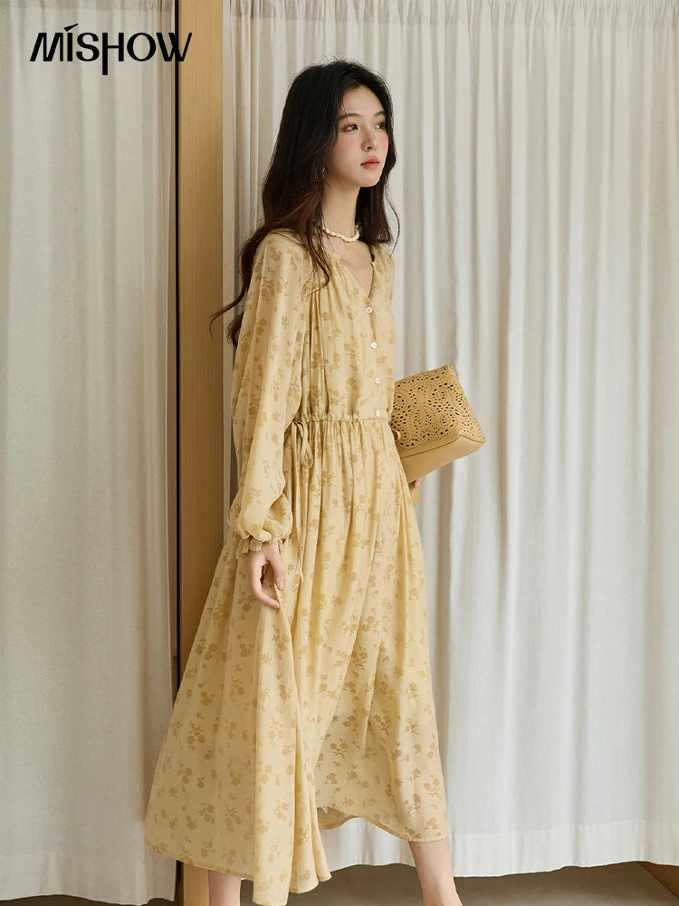 MISHOW Yellow Print Lace Lantern Sleeve Dress MXE47L2527