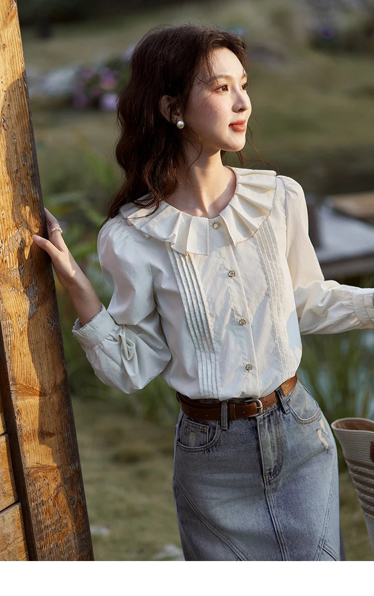 MISHOW Tucker Pleats Doll Neck Shirt Ruffled O Neck MXE12C0401