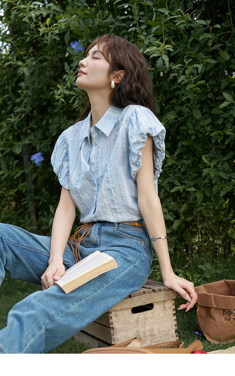 MISHOW Blue Striped Shirt Bubble Sleeves with Tube Top MXD24C0204