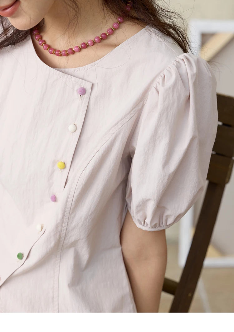 MISHOW Bubble Sleeve Blouse Irregular Placket Rainbow Buttons MXE34X1782