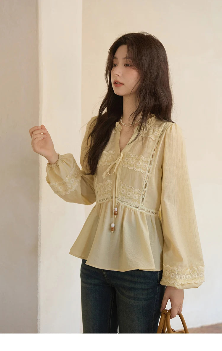 MISHOW French V-Neck Blouse Lace Patchwork Lantern Sleeve MXE41X1925