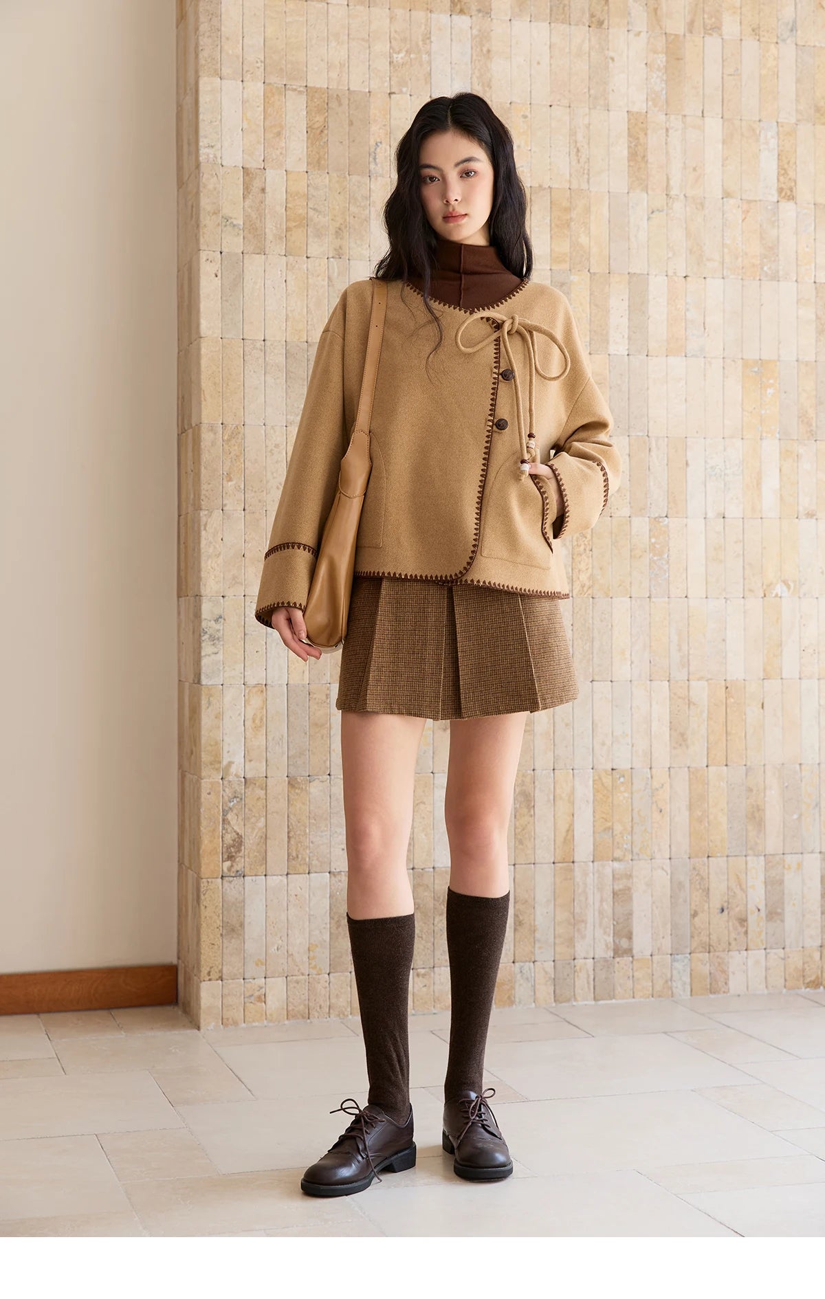 MISHOW Khaki Asymmetrical Coat Shell Flower Embroidery Lace-Up MXE49W0854