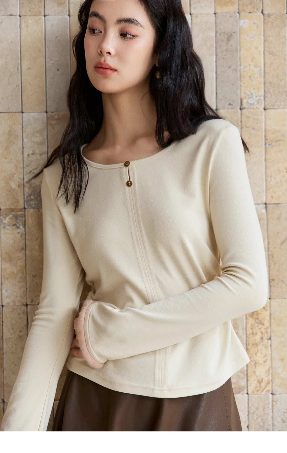 Mishow Apricot Brushed Knit Pleated Pullover MXE48Z2517