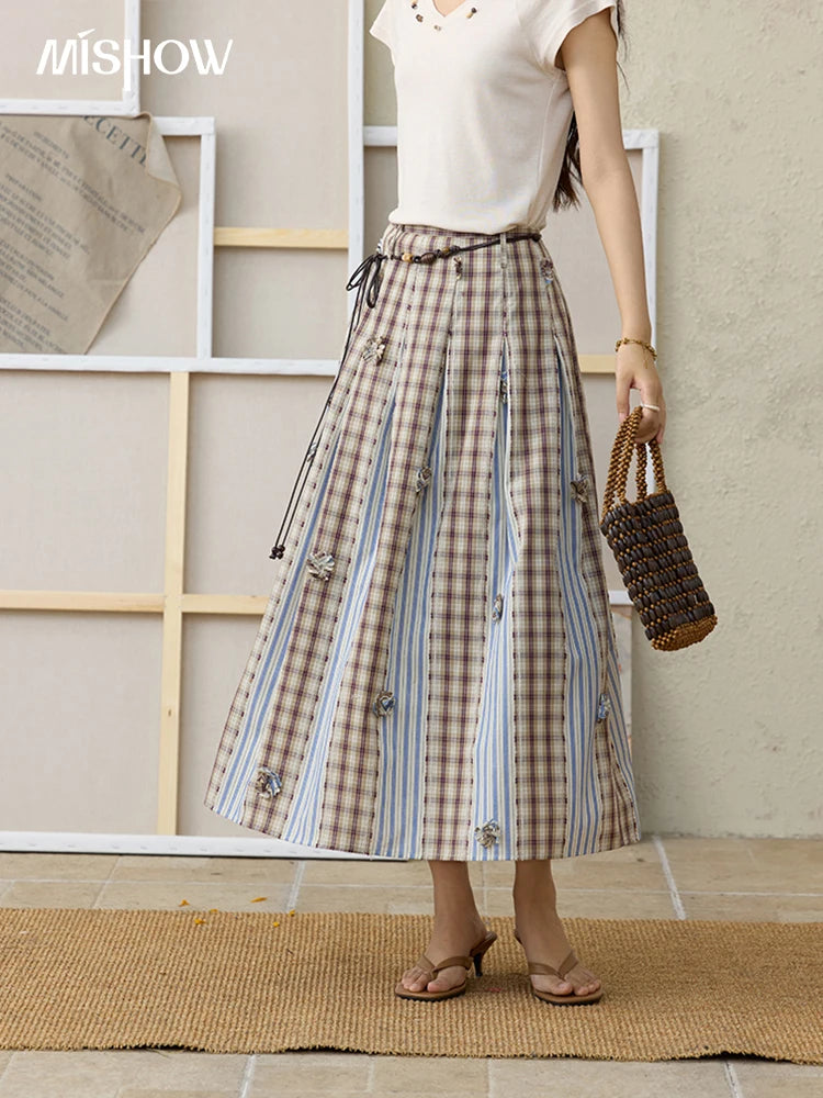 MISHOW Retro Plaid Patchwork Pleats Skirt A-LINE Slim MXE35B0726