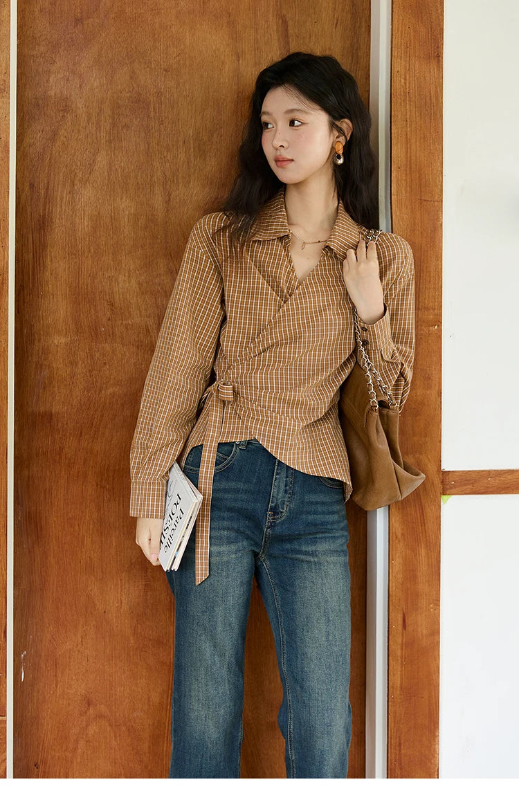 MISHOW Dark Orange Plaid Shirt Side Waist Lace-Up MXE46X2494