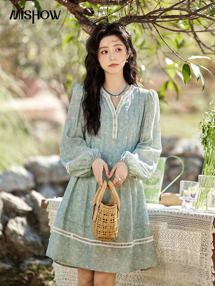 Mishow French V-Neck Hollow Lace Print Dress MXE12L2096