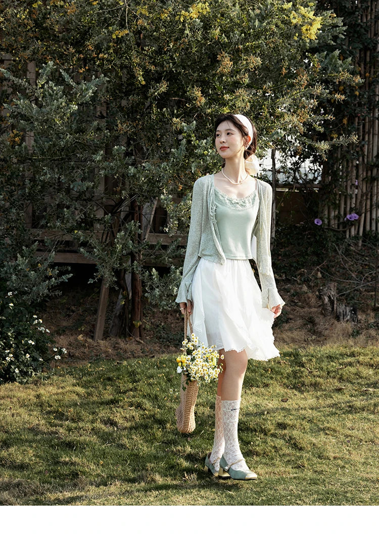 Mishow Light Green Lace Bow Camisole & Cardigan Set MXE15T0504