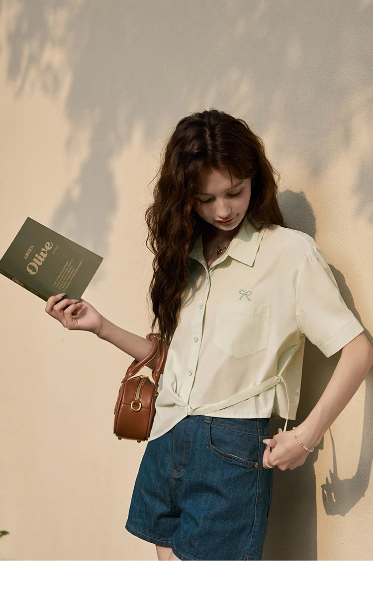MISHOW Same Color Bow Embroidered Shirt Asymmetric Hem MXD23C0257