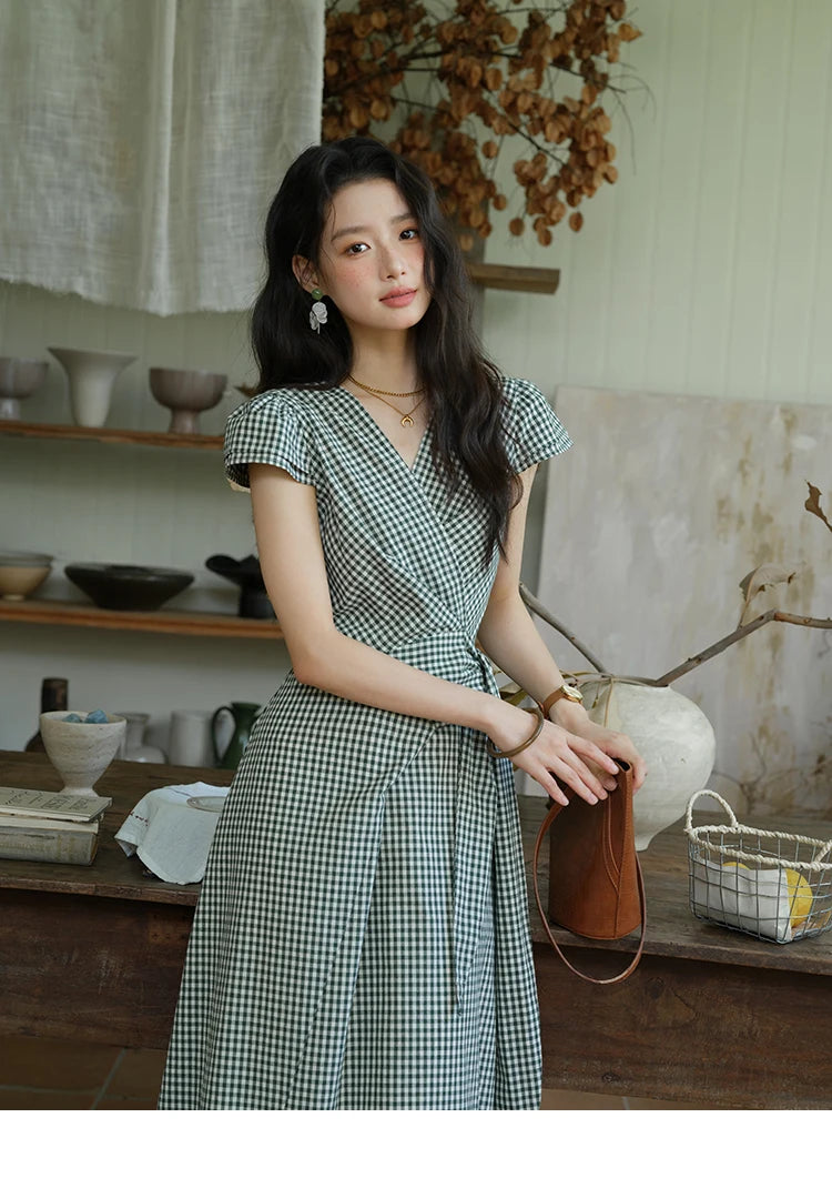 Mishow V-Neck Plaid Waist Cinched Sash Dress MXE39L2410