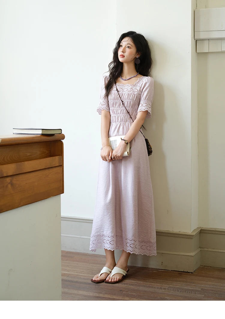 Mishow Purple Square Neck Puff Sleeve Lace Dress MXE39L2406