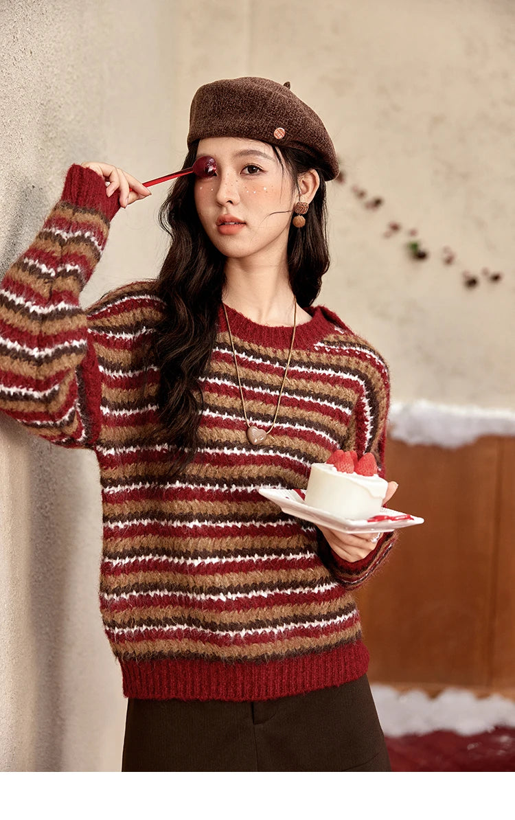 Mishow Christmas Retro Striped Wool Blend Button Sweater MXD59Z1060