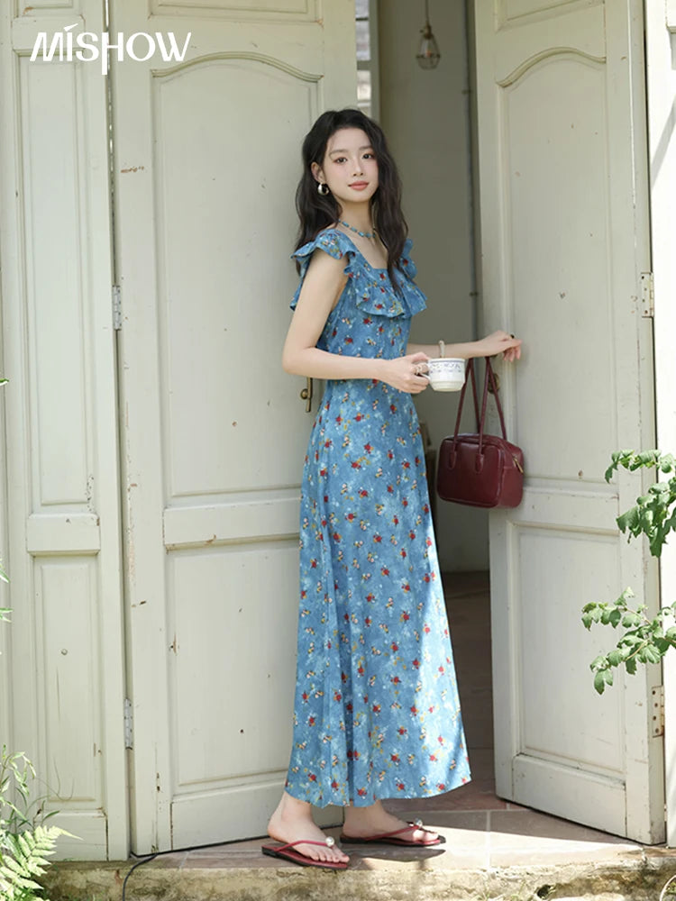 MISHOW Floral V-Neck Lace-Up Flying Sleeve Dress MXE39L2436