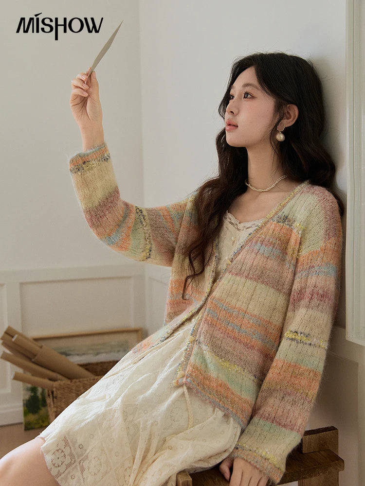 Mishow Gradient Striped V-Neck Rainbow Cardigan MXF13Z3019