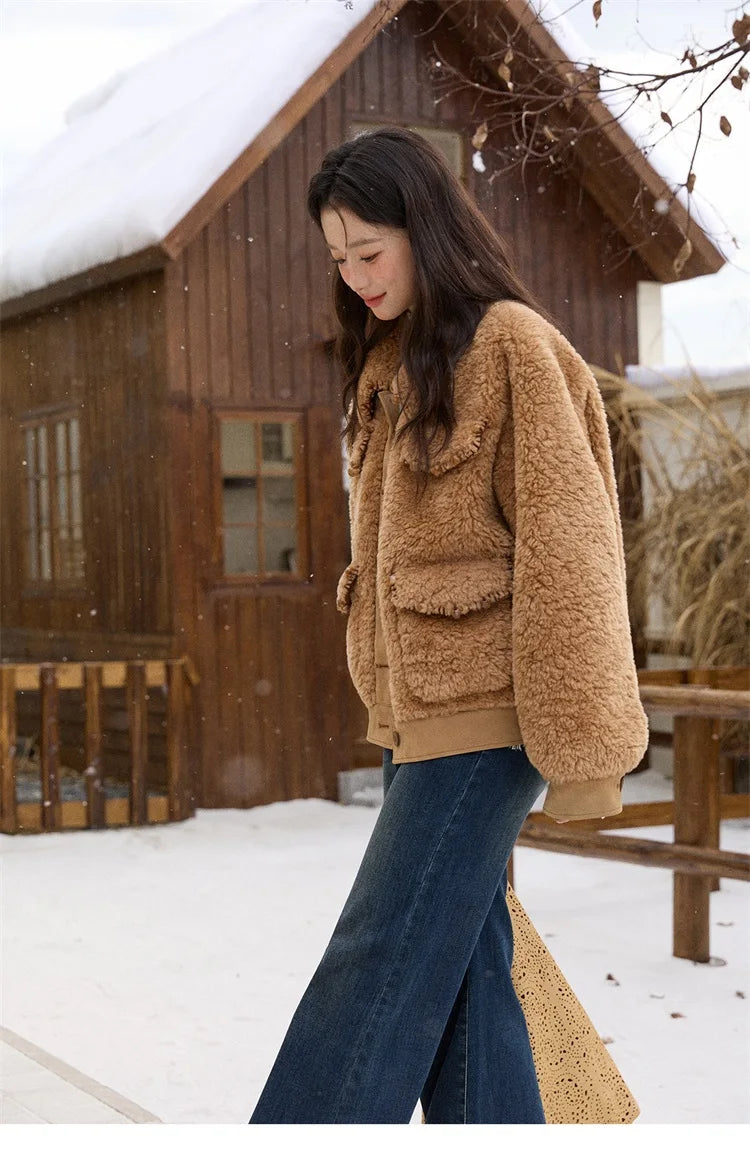 MISHOW Faux Lambskin Coat Turn-Down Collar Brown Loose MXE89W0896