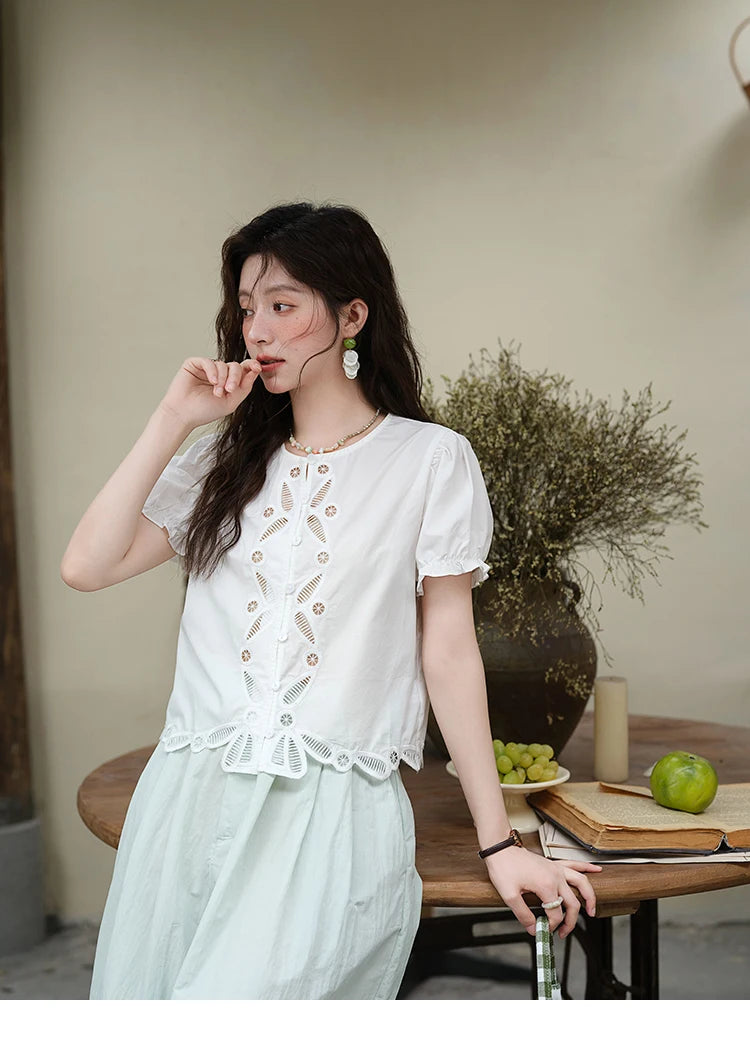 MISHOW 100% Cotton Hollow Embroidery Round Neck Puff Sleeve MXE39X1938
