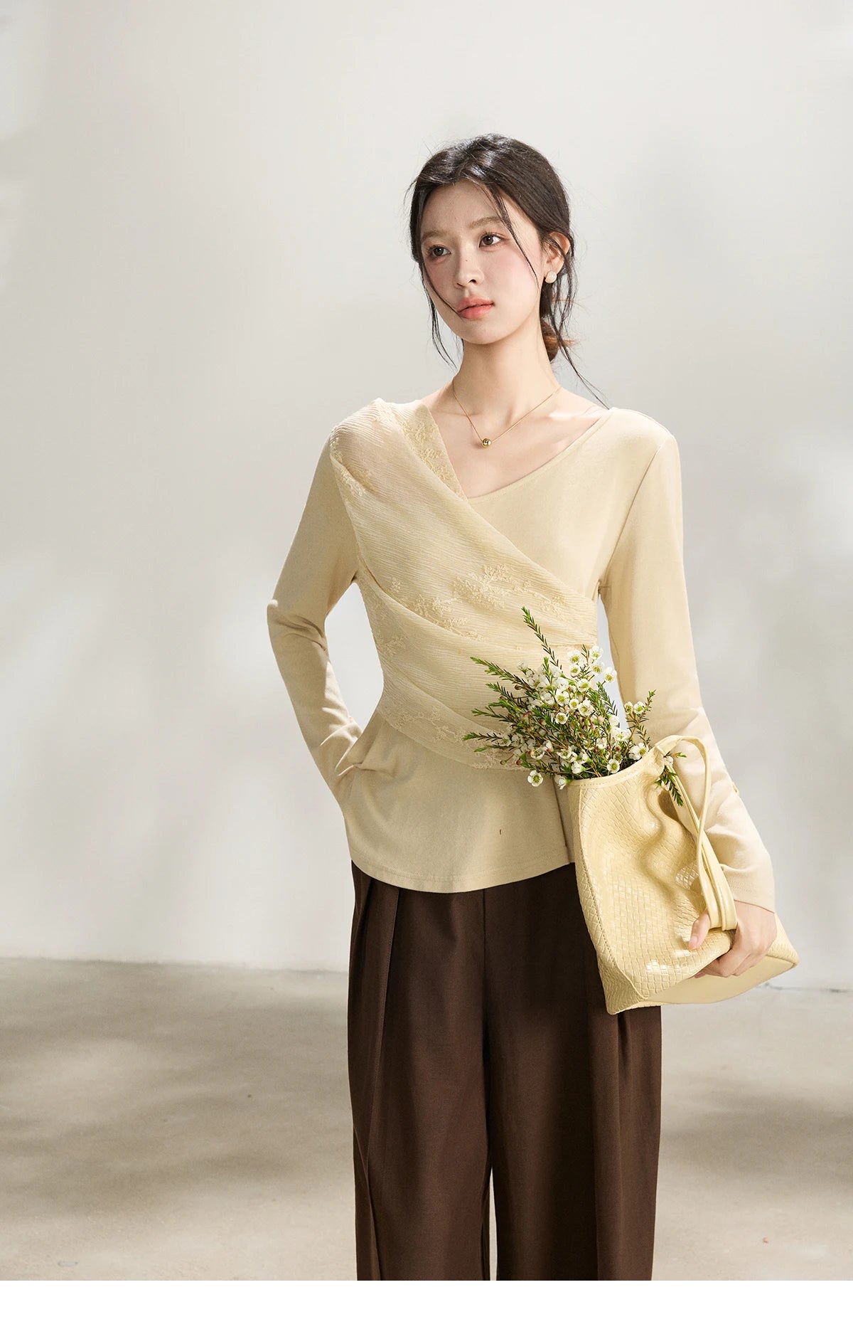 Mishow Asymmetric Lace Patchwork Ruched Top MXF11Z2942