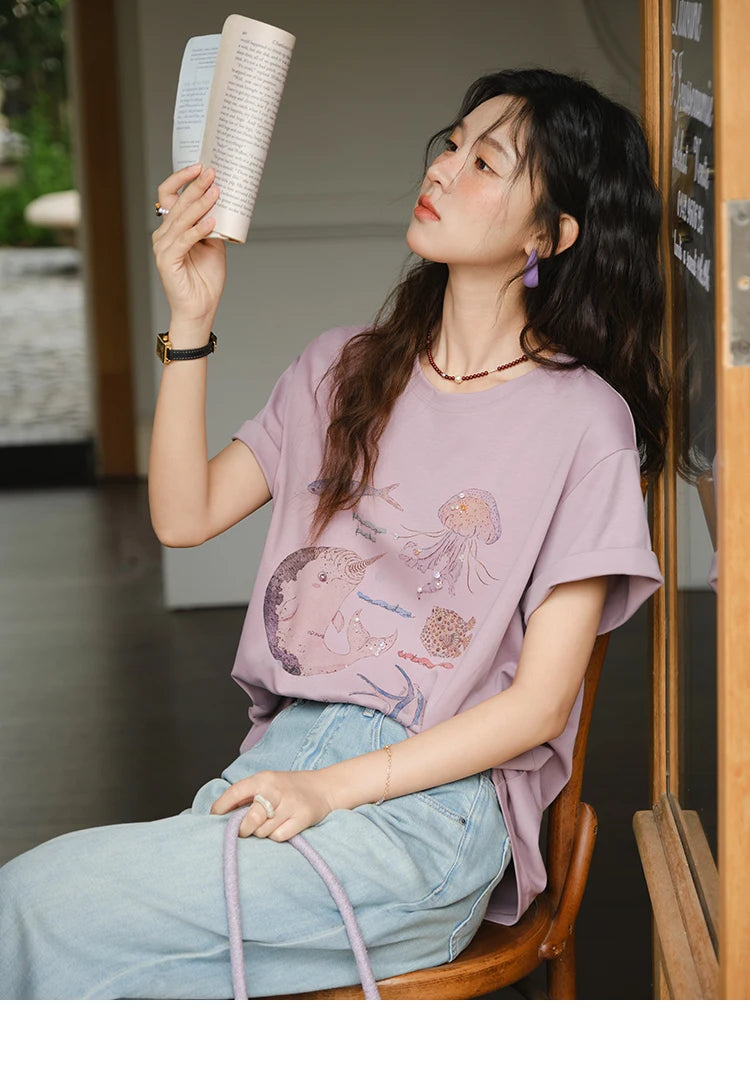 Mishow Cartoon Print Loose Cotton Tee MXE36T0575