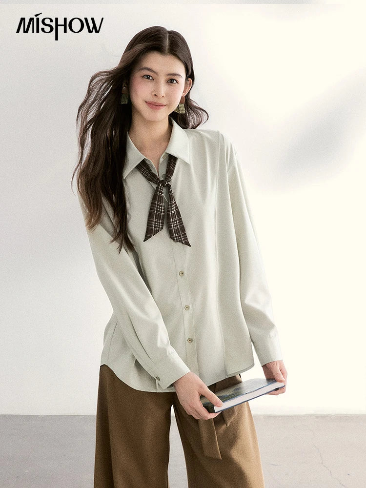 MISHOW Casual Loose Shirt with Plaid Scarf Lapel Top MXF108C0815