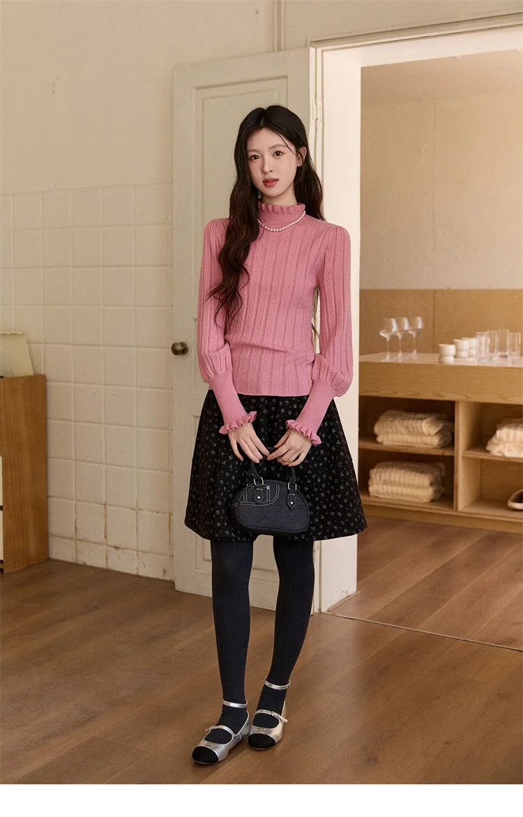 Mishow Half Turtleneck Ruffle Lantern Sleeve Top MXE93Z2810