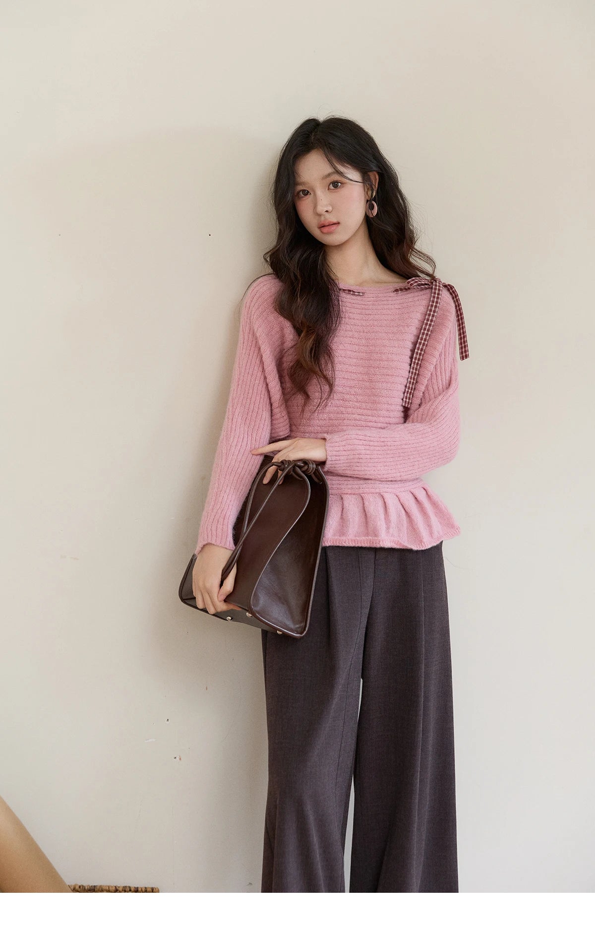 Mishow Pink Plaid Bow Peplum Ribbed Sweater MXF11Z3016