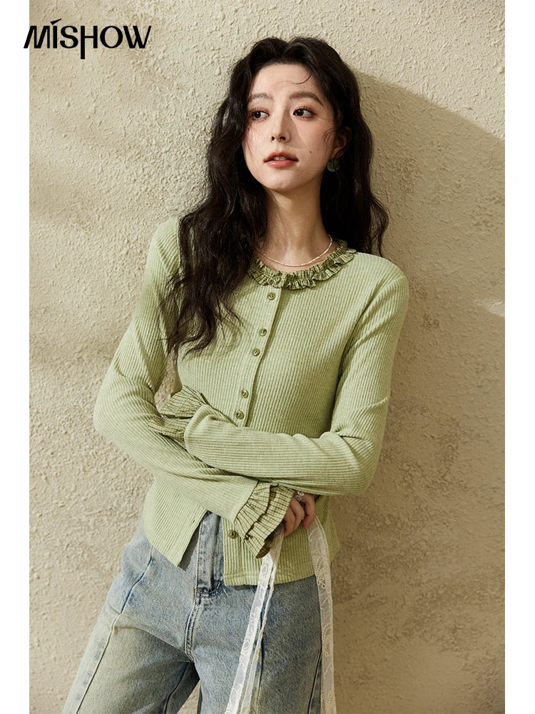 Mishow Green Plaid Lotus Leaf Sleeve Tee MXE14Z1152