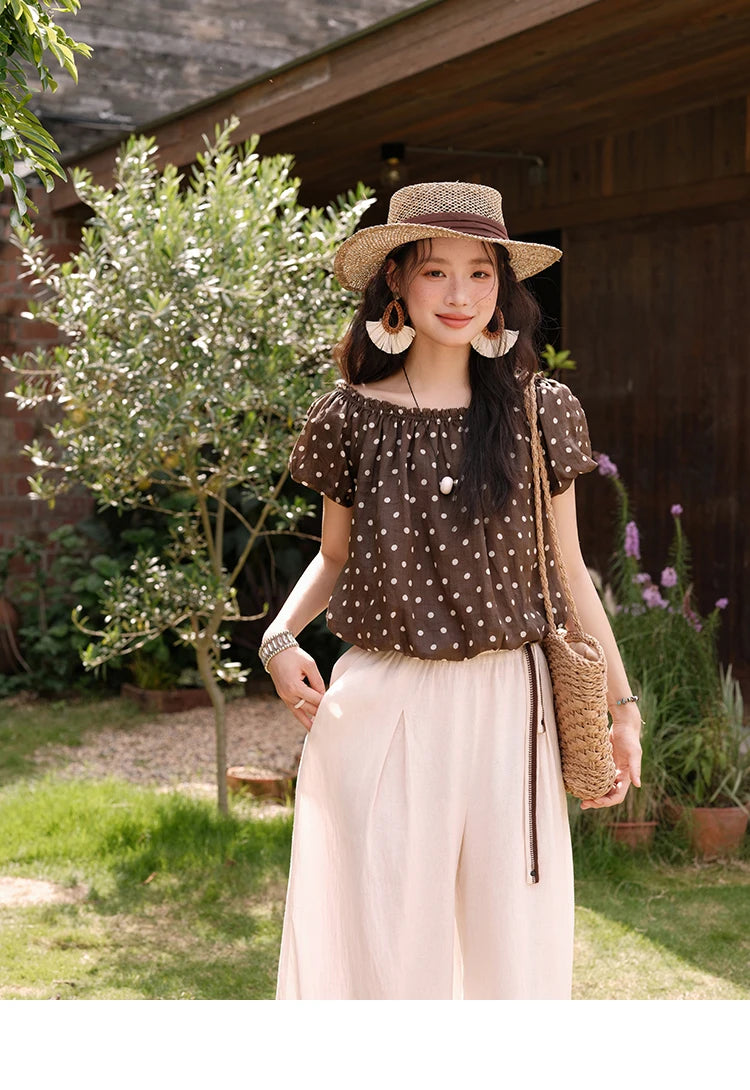 Mishow Polka Dot One Shoulder Puff Sleeve Top & Wide Leg Pants Set MXE38T0683