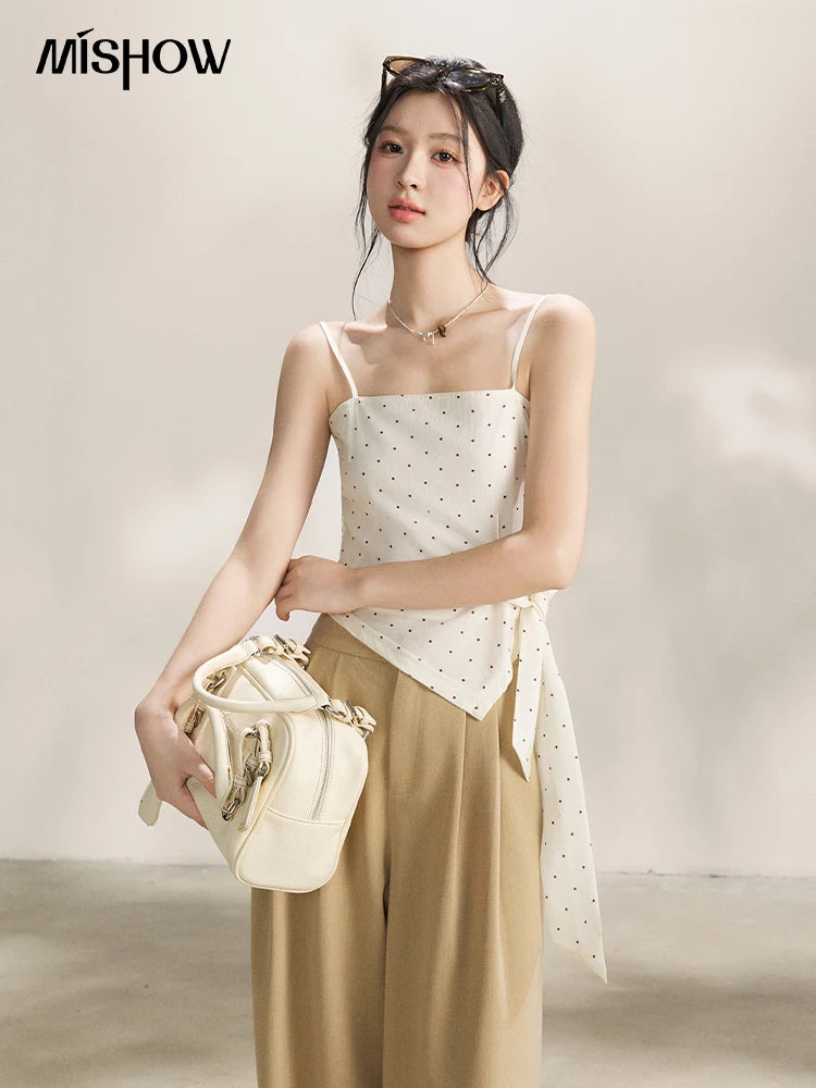 Mishow Khaki Cropped Jacket & Polka Dot Vest & Wide Leg Pants Three-Piece Set MXF13T1478